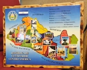 Vintage Holz Volkskunst El Salvador Karte Reise Souvenir Wand hängendes Kunststück - Bild 1 von 8