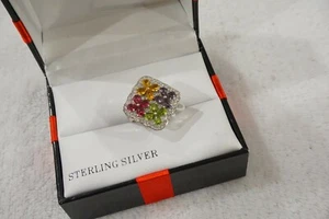 MACYS MULTI STONE FLOWER CLUSTER RING STERLING SILVER 532258 - Picture 1 of 5