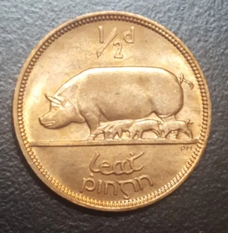 1967 IRELAND 1/2 PENNY KM 10 SOW & PIGLETS VINTAGE OLD IRISH COPPER XF+ AU COIN Cover