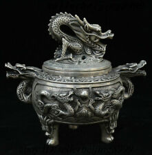 Antique Tibet Silver Fengshui Dragon Loong Beast Head Incense Burners Censer