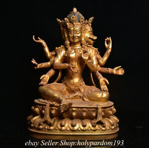 12" Old Chinese Bronze Gilt 3 Head 8 Arms Green Tara  Mahayana Buddhism Statue