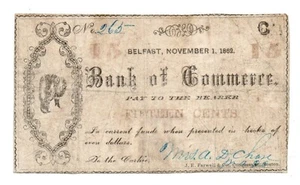 1862 15 CENTS BANK OF COMMERCE BELFAST, MA MRS. A.D. CHASE OBSOLETE SCRIP NOTE  - Picture 1 of 2