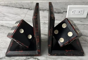 7.25" Wood Gaming Dice Bookend Pair Board Game Decor Figurine Book End Retro - Picture 1 of 12