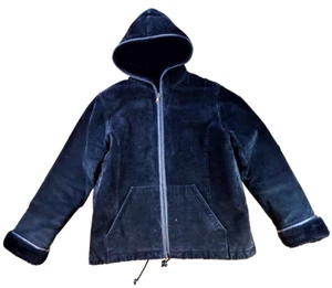 Brandon Thomas Women MEDIUM Suede Jacket Faux Fur Collar Trim Black Zip Up Hood - Picture 1 of 5