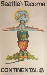 Vintage Lithograph, Continental Airlines Poster for Seattle \ Tacoma Washington - Picture 1 of 7