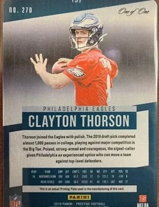 2019 Panini Prestige Clayton Thorson RC #270 Cyan Printing Plate 1/1 EAGLES QB - Picture 1 of 3