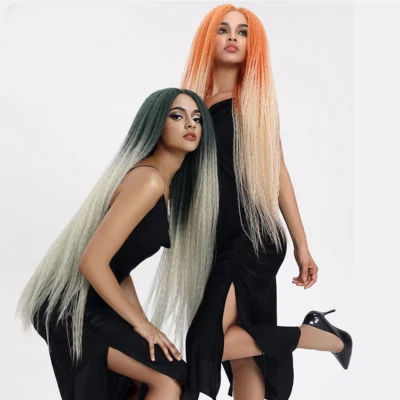 Straight Hair Weave Long Braided Long Wig 38 inch Lace Wigs Pink Green Wig - Image 1 of 4