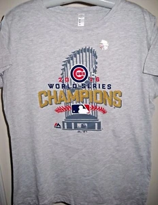 CHICAGO CUBS WORLD SERIES CHAMPIONS GRAY LADIES T-SHIRT W/ TROPHY (ADULT LARGE) - Picture 1 of 3