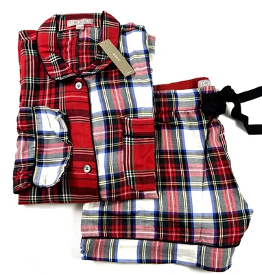全新 J.CREW L 码女式睡衣短裤套装红色 STEWART PLAID 拉丝斜纹布 $98 — 第 1/4 张图片