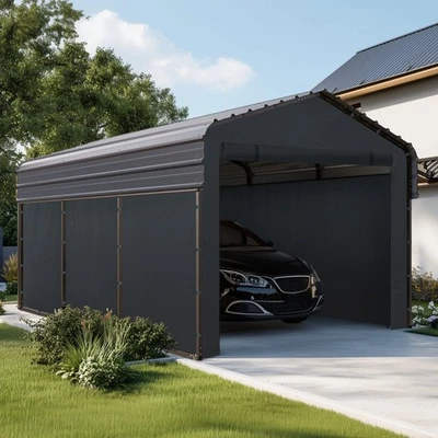 10 x 15 ft Outdoor Carport Metal Carport Canopy Heavy Duty Carport with Sidewall - Image 1 of 4