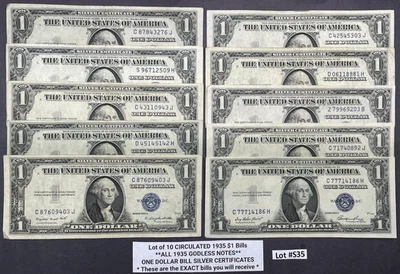 Lot of (10) TEN 1935 GODLESS Blue Seal $1 Dollar Bill Silver Certificates #S35 - Image 1 of 4