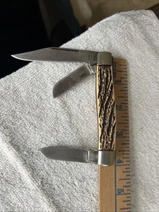Vintage COLONIAL KNIFE CO. 3-Blade 4" Long STOCKMAN -- Faux Bone - Made in 1970s - Picture 1 of 9