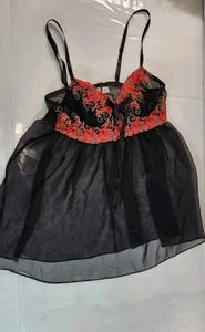 CAto ~ schwarz halbtransparent bestickt Blumen Babydoll Nachthemd Größe Medium - Bild 1 von 11