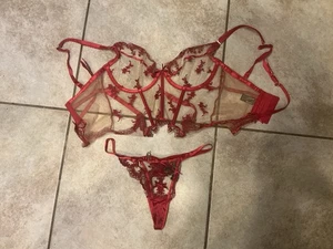 Honey Birdette Set 2 Pc Red Lace Bra Bustier Panty Sexy 36E Medium - Picture 1 of 7
