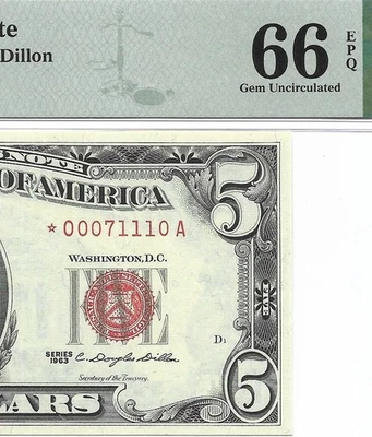 1963 $5 * STAR * ⭐️ Legal Tender, US Note. PMG GEM Uncirculated 66 EPQ Banknote. - Image 1 of 3