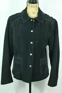 Chico's 100% Leather Black Jacket Size 2 / Large Snap Front Suede Jacket - Picture 1 of 8