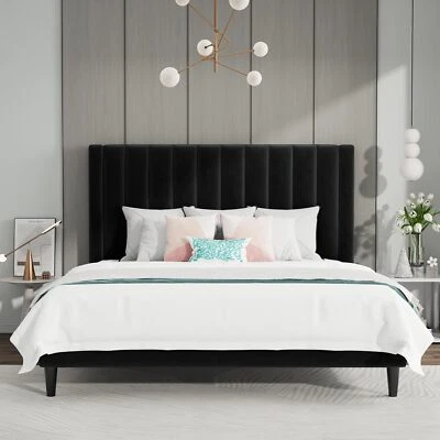 Queen Size VerticalChannel Platform Bed Frame Velvet Upholstered Headboard Black - Image 1 of 4