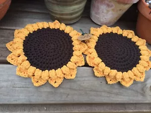 Crochet Large Sunflower Coasters X 2 - Picture 1 of 5