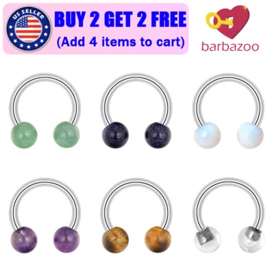 1PC Stone Ball Nose Ring Surgical Steel Horseshoe Septum Hoop Lip Helix Stud 14G - Image 1 of 4