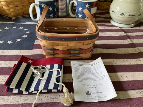 Longaberger 1993 All-Star Basket, Liner, Protector, Star Tie-on Accessory-New Cover