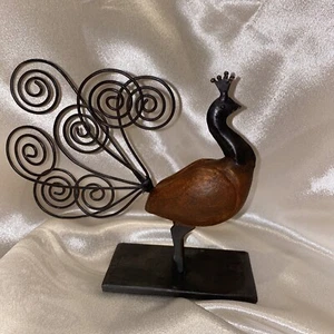 Vintage Wooden Cast Iron Metal Peacock Photo holder  Figure 5 3/4 Inches - Picture 1 of 14