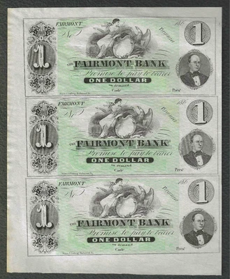 1861 FAIRMONT BANK (WEST) VIRGINIA $1 ~ UNCUT SHEET OF 3 ~ CHOICE UNCIRCULATED - Image 1 of 2
