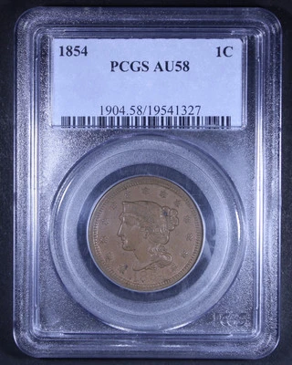 Centavo grande cabello trenzado 1854 - 1c graduación profesional AU58 Foto 1 de 4