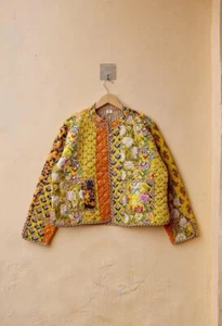Gelbe Patchwork 100% Baumwolle Steppjacke Unisex indische Damenbekleidung - Bild 1 von 4