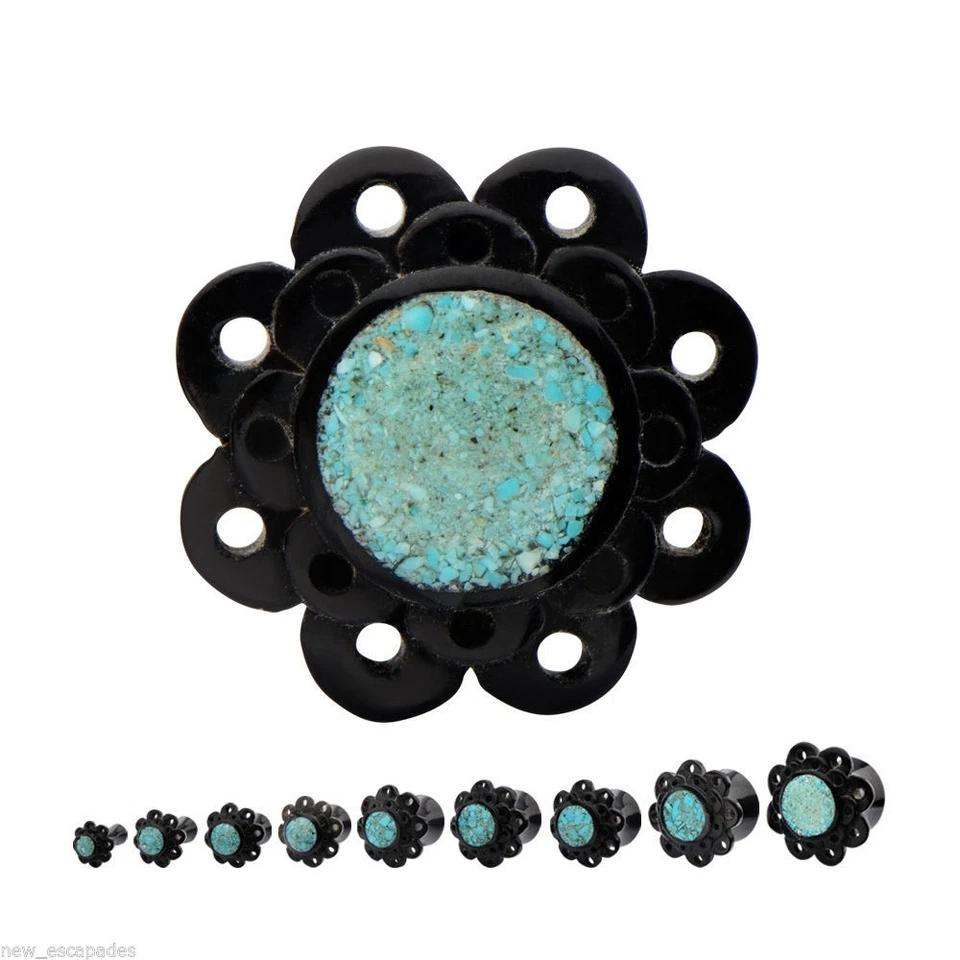 ПАРА — роговый цветок с бирюзовой инкрустацией, седло, расширяющиеся беруши, калибр 14 мм/9/16 дюйма  - Изображение 1 из 4