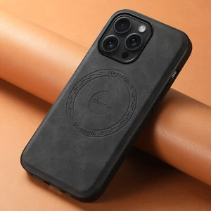 For iPhone 13 14 15 16 Pro/Pro Max Genuine Leather Case Compatible with Mag Safe - Picture 1 of 15