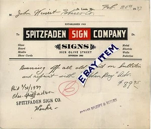 1937 BILLHEAD St Louis Missouri SPITZFADEN SIGN COMPANY 3028 Olive Street - Picture 1 of 1