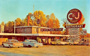 Claxton GA C & J Restaurant Dinner Seafood Fruitcake Ice Cream Old Cars Postcard - Picture 1 of 2