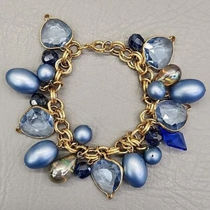 Vintage Charm Bracelet Blue Beads Gold Tone Chunky 7" - Picture 1 of 12