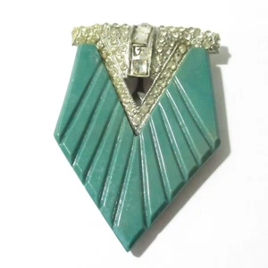 Art Deco Kleiderklammer grün geschnitzt Plexiglas und Strass antik - Bild 1 von 4