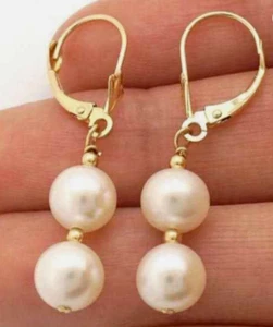 14K Yellow Gold Double Ball Pearl Dangle Drop Leverback Earrings natural pearl - Picture 1 of 3