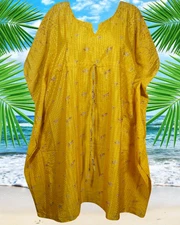 Women Silk Sari Caftan, Midi Kaftan Dress, Yellow Floral Beach Cover up L-4XL
