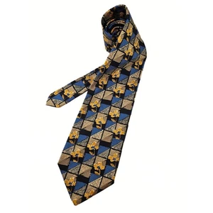 Repvbblica Men's Geometric Floral Necktie - Blue, Brown, Yellow - Professional - Picture 1 of 5