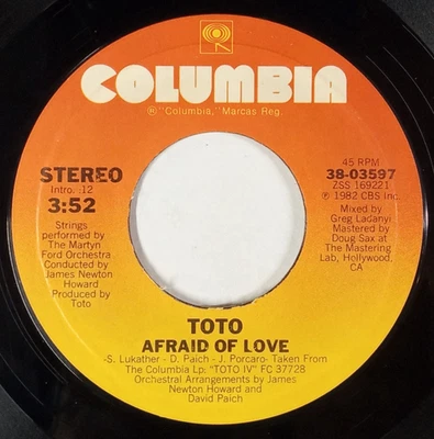 TOTO: Afraid Of Love / I Won't Hold You Back COLUMBIA RECORDS 7" Single 45 RPM - Image 1 of 2