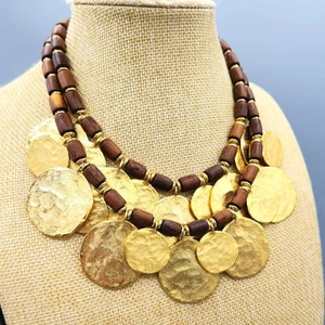 Kenneth Jay Lane Satin Gold Tone Hammered Coins Wood Bead 2 Strand Necklace 15" - Picture 1 of 12