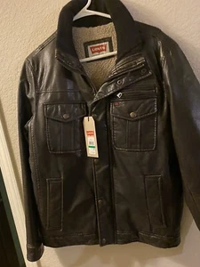 New mens Levi's Brown Sherpa Lined zip button Bomber Coat Jacket Size Large - Picture 1 of 15