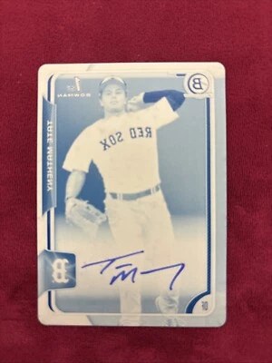 2015 Bowman Draft 1st Tate Matheny Autographed Cyan PRINTING PLATE 1/1 Red Sox - Image 1 of 3
