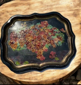 Vintage schwarz Metall Servierplatte 22" handbemalt von Mimi Roberts authentisch - Bild 1 von 11