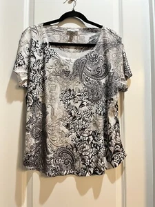 Croft & Barrow Beige/Black Paisley Round Neck Short Sleeve XXL Beaded Front - Picture 1 of 6