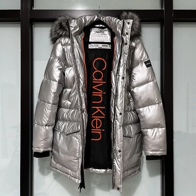 Brand New Calvin Klein Silver Puffer Jacket In Medium For Men - Image 1 of 4