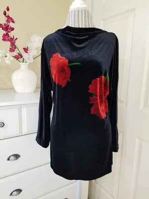 Jeffrey & Dara Black with Red Poppies Stretch Velvet Tunic Top Women`s Sz. 14P - Image 1 of 4