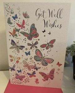 GET WELL SOON CARD BY Simon Elvin.Female Silver Foil Text/butterflies. Get Well. - Picture 1 of 3