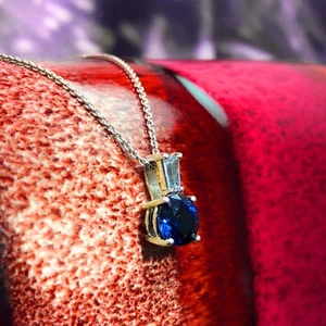 1.25 CT Round Blue Sapphire  & CZ Baguette Pendant in 925 Sterling Silver NEW - Picture 1 of 1