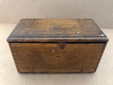 Vintage OAK WOOD Folding Puzzle Sewing Box PATENTED 1889 FEBRUARY 19 velvet line Cover