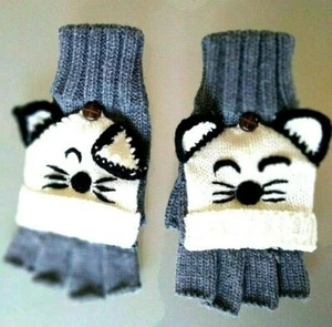 KITTY FACE FLIP HANDSCHUHE * GRAU WEISS SCHWARZ ONE SIZE SUPER SÜSS!! - Bild 1 von 3