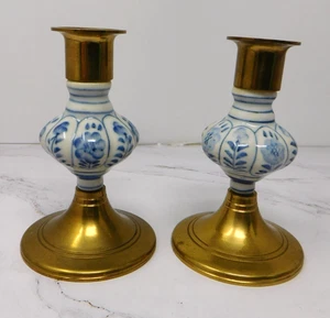 Vintage Set Of Jehvani Brass Delft Blue and White Porcelain Taper Candle Holders - Picture 1 of 3